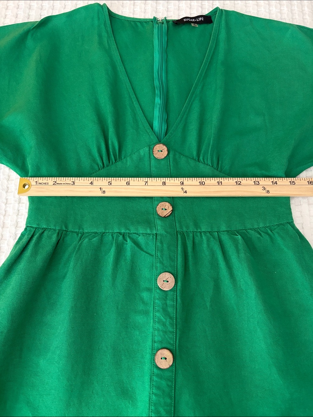 Sugarlips Kelly Green Linen Blend Preppy Office Button Front Babydoll Dress SZ M - Picture 5 of 7